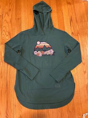Life Is Good Forest Green Mountain & Floral lightweight Pullover Hoodie